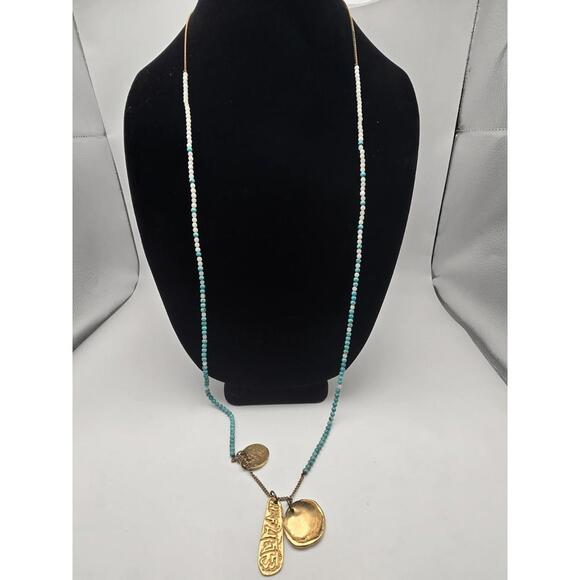 Chan Luu 38" Turquoise White Quartz Necklace Gold Coin - Picture 2 of 8